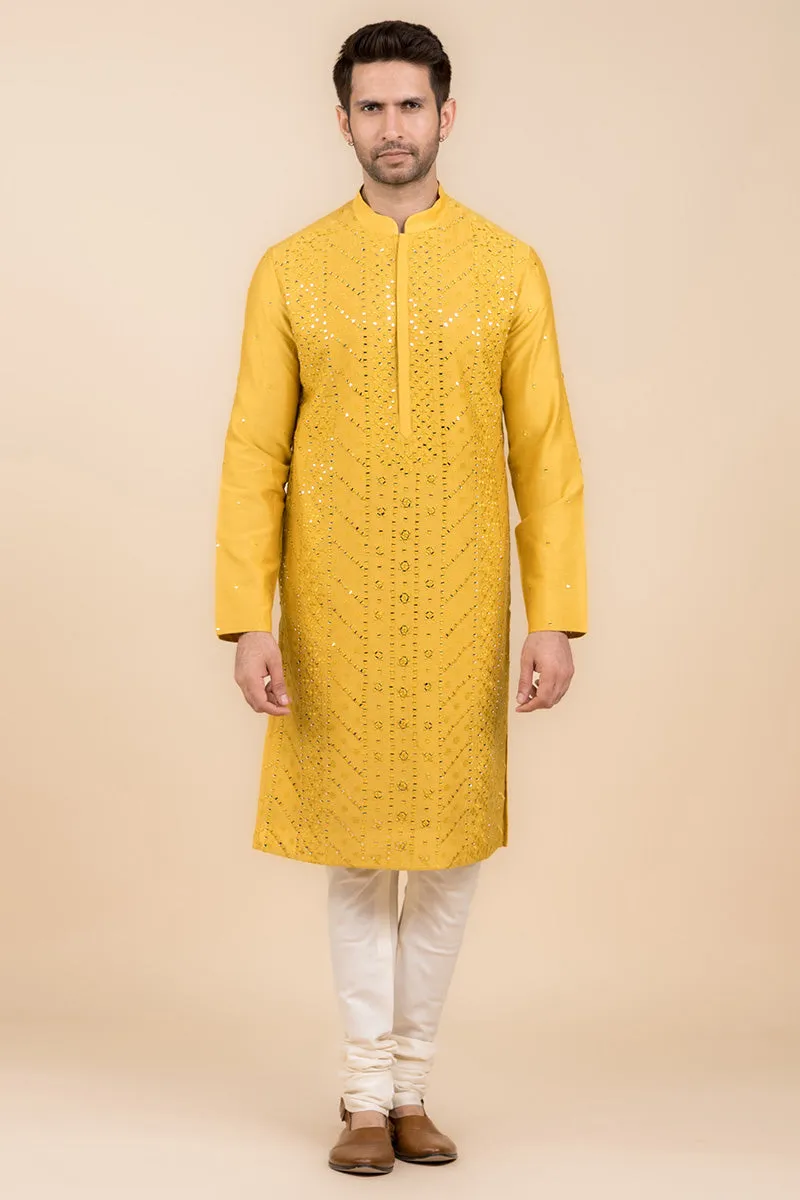 Yellow All Over Mirror Embroidered Kurta Set