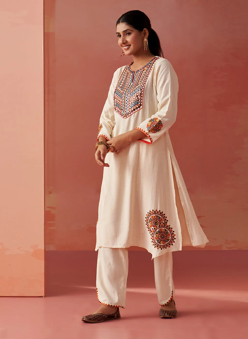 Zelena Cream Embroidered Khadi Cotton Co-ord Set for Women