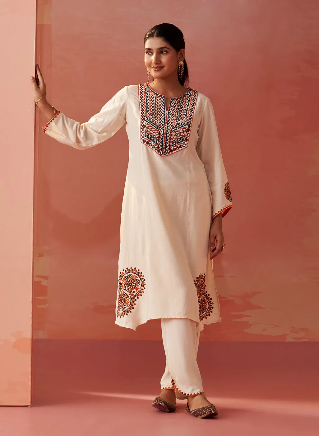 Zelena Cream Embroidered Khadi Cotton Co-ord Set for Women