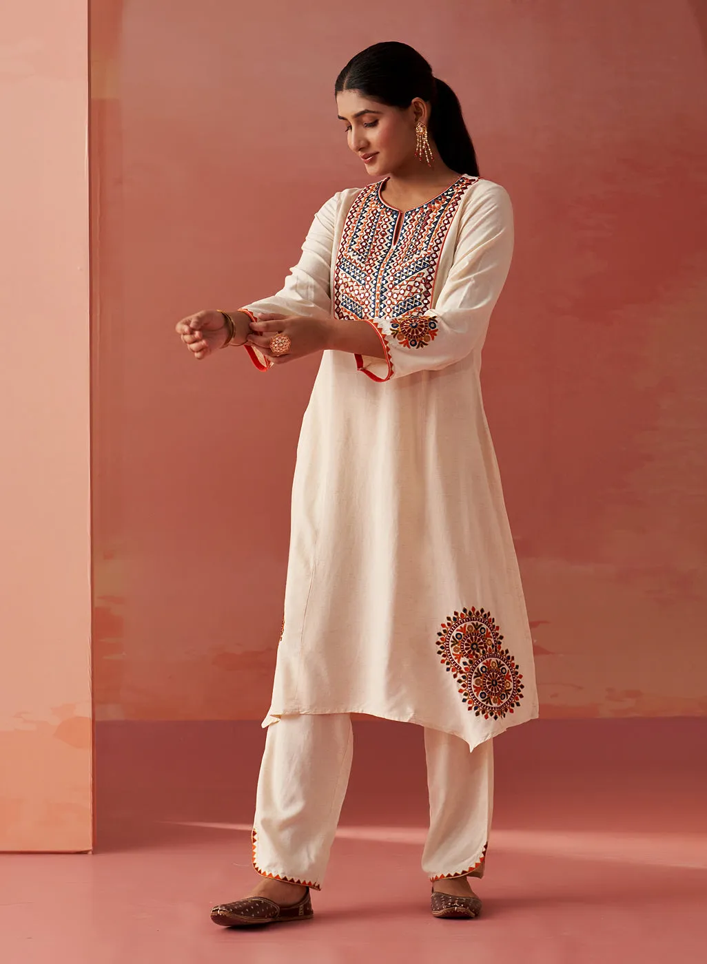 Zelena Cream Embroidered Khadi Cotton Co-ord Set for Women