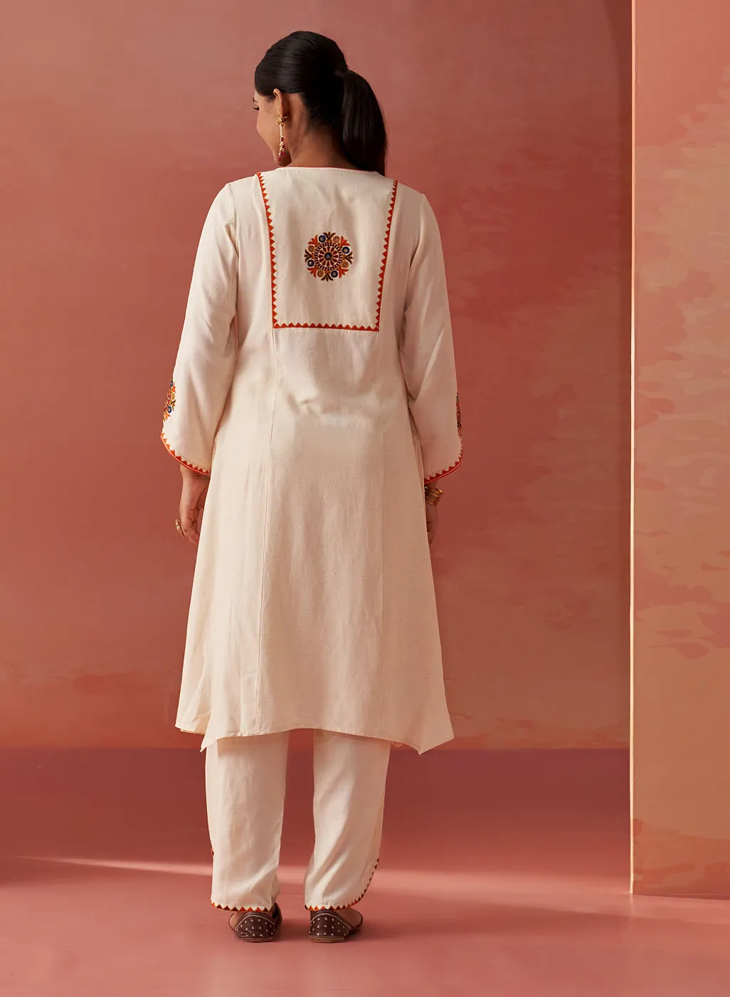 Zelena Cream Embroidered Khadi Cotton Co-ord Set for Women