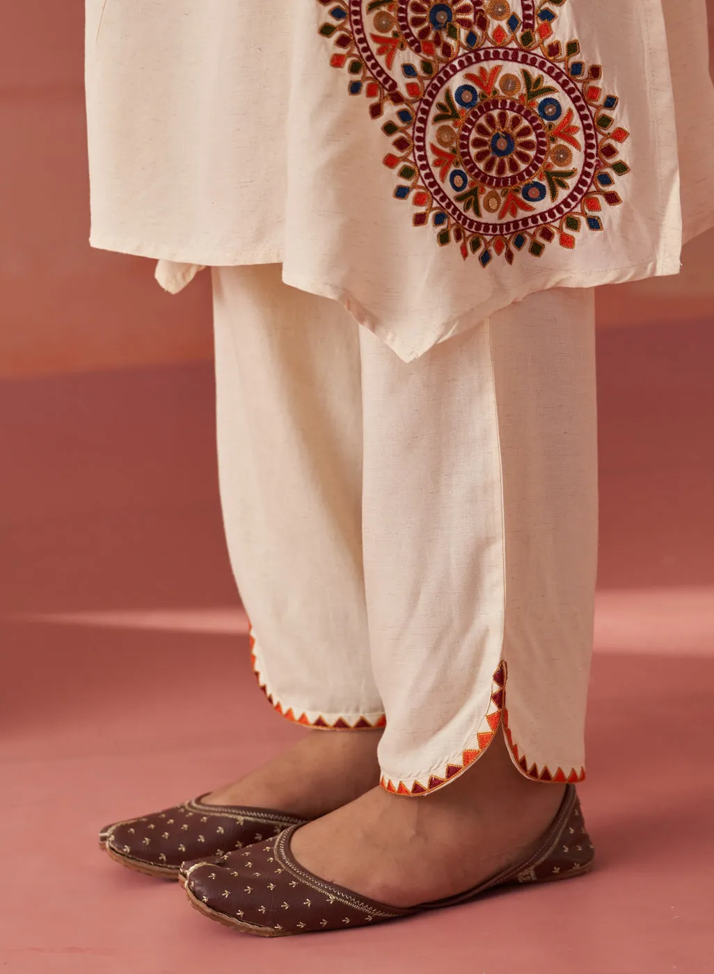 Zelena Cream Embroidered Khadi Cotton Co-ord Set for Women