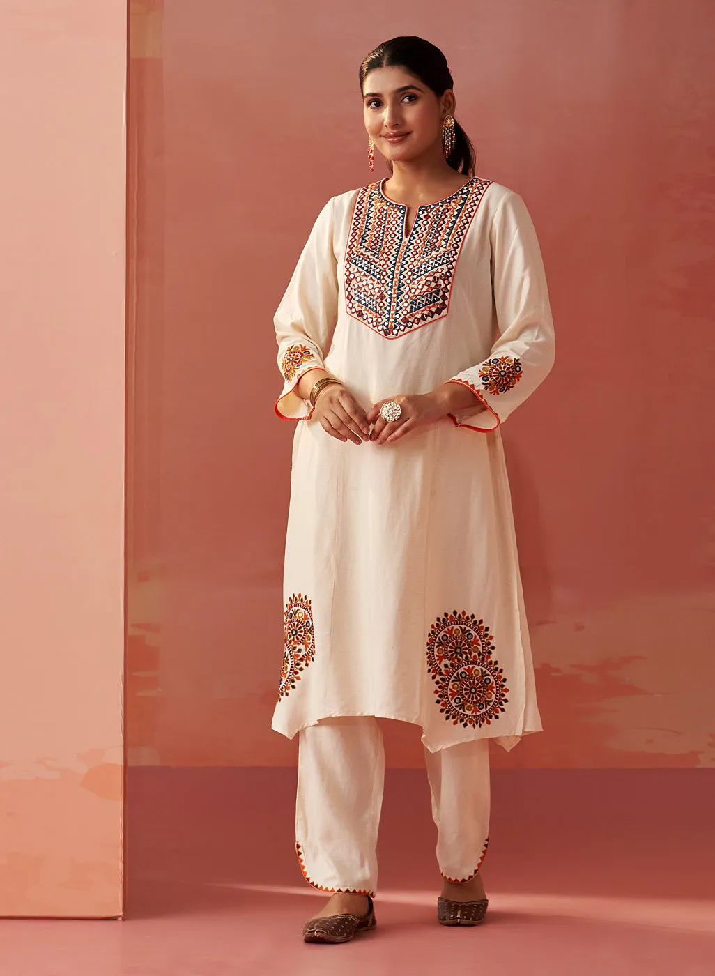 Zelena Cream Embroidered Khadi Cotton Co-ord Set for Women